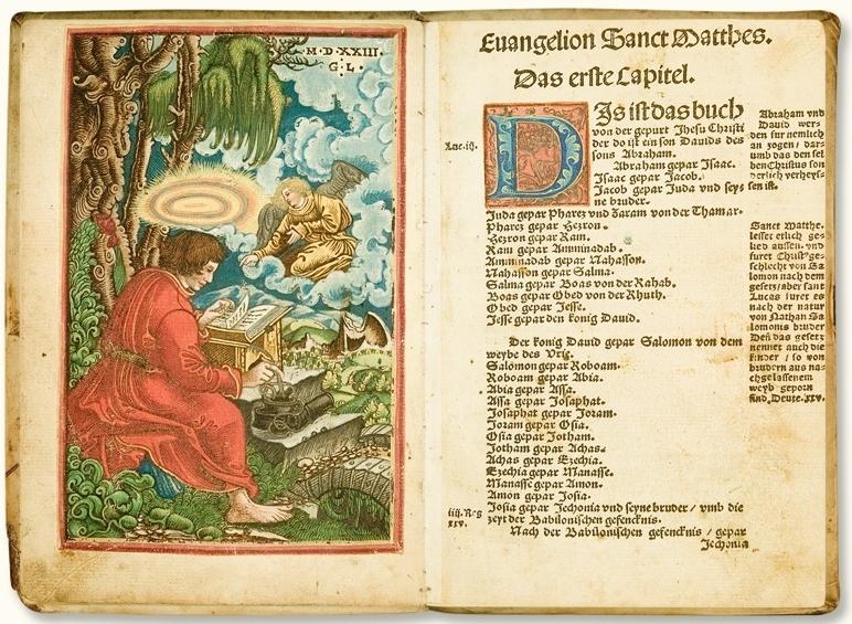 The first page of the Gospel of Matthew in the 1524 edition of the New Testament with a colored woodcut by Georg Lemberger.