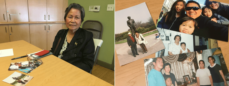 On left, a woman sits at table with photos. On right, close-up of family photos spread across table.