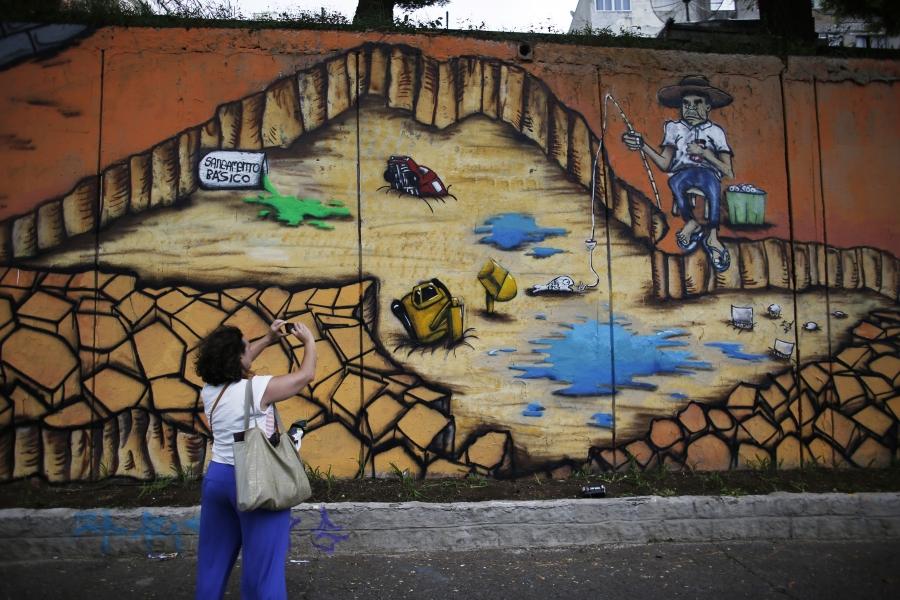 A mural by Brazilian artist Subtu highlights the issue of severe water shortages in São Paulo. After bottoming out at below 10%, reservoir levels are still below 20% of capacity heading into the region's dry season.