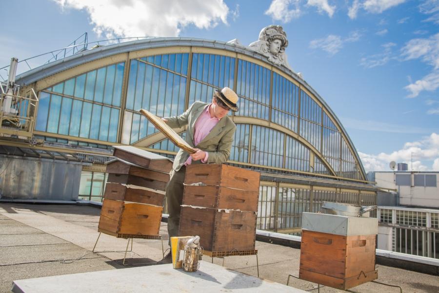 Audric de Campeau with his hives on the roof of the Musee d'Orsay, a museum in a converted train station in Paris.
