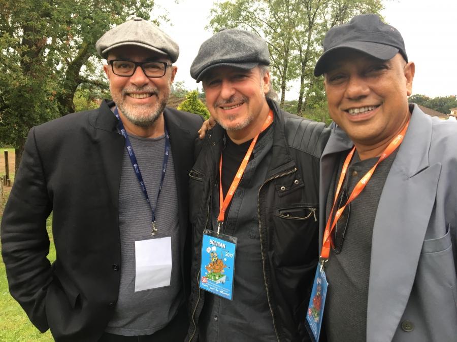 Angel Boligán, center, flanked by two fellow cartoonist friends from Cuba: Osmani Simanca, left, who now lives in Brazil and Ares, right, who lives in Havana.