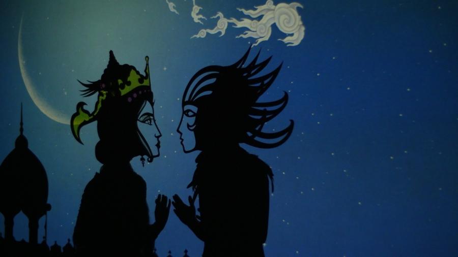 Shadow puppet couple feathers fire