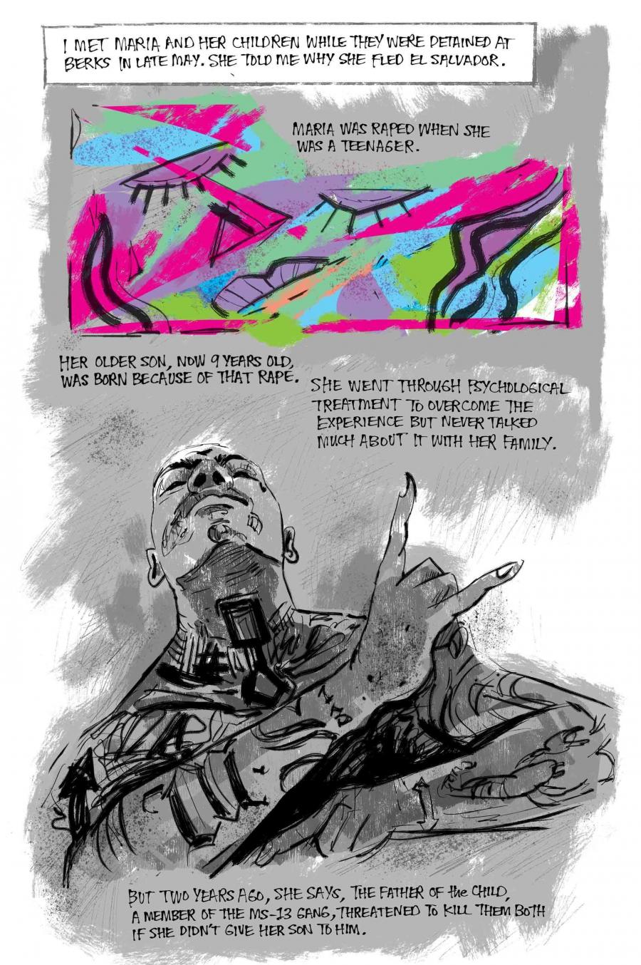 Illustration of trauma (colors and jagged lines) and an MS-13 gang member