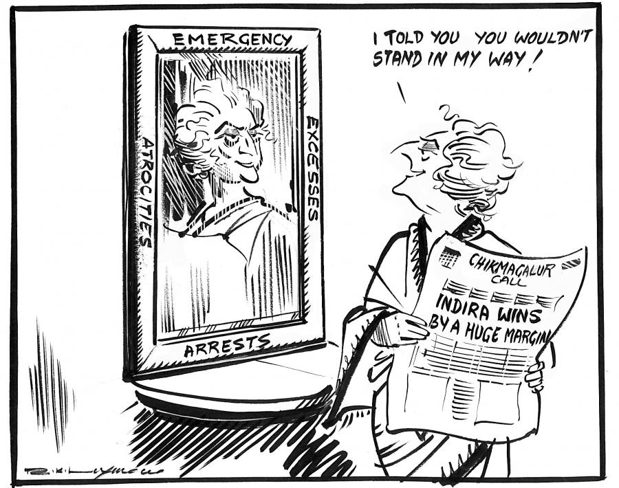 R.K. Laxman, India, November 1978. After a period in the political wilderness following the end of The Emergency, Indira Gandhi uses a by-election (replacing a politician who has resigned or died) to win back a seat in the Lok Sabha, India's parliament. 