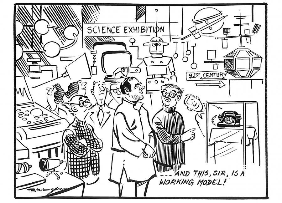 R.K. Laxman, India, November 1985. Laxman drew this cartoon after the Nehru Science Centre in Mumbai was opened to the public by then-Prime Minister Rajiv. 