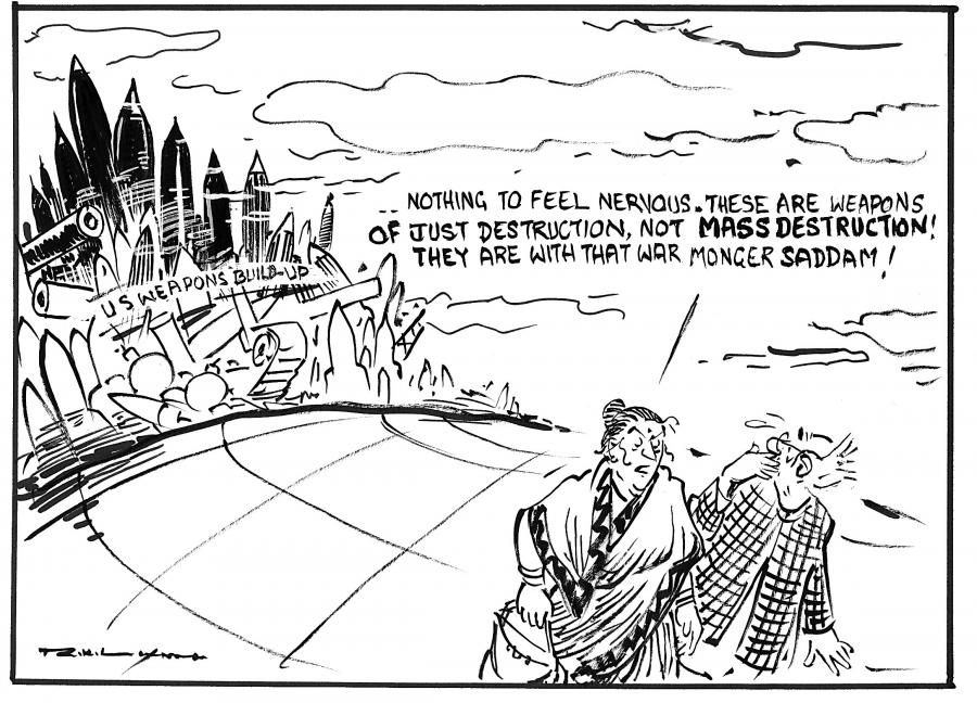 R.K. Laxman, India, January 2003. Laxman drew this cartoon at the time the (George W.) Bush Administration was making the case for attacking Iraq by claiming it had weapons of mass destruction. 