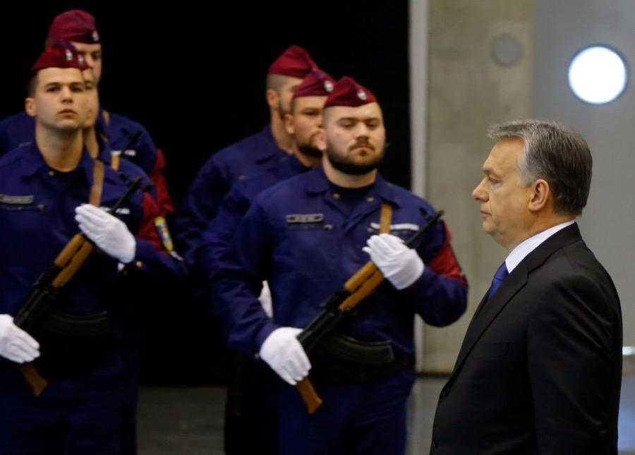 Hungarian Prime Minister Viktor Orban attends a swearing-in ceremony of border hunter recruits in Budapest, Hungary, on March 7.