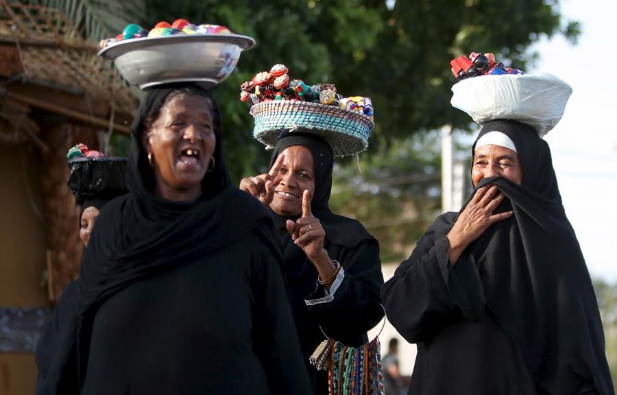 Nubian women sell traditional crafts at the Nubian Gharb Suheil village, near Aswan.