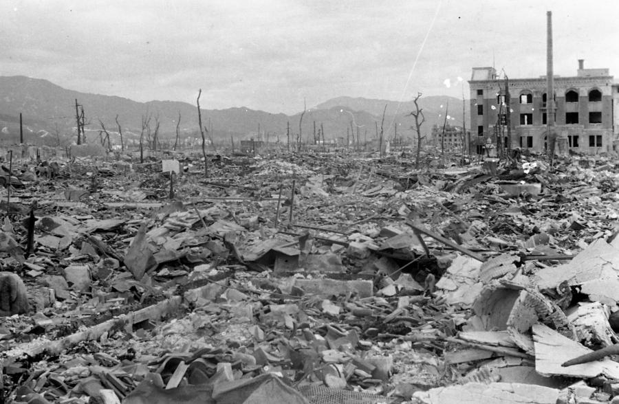 Destroyed houses and buildings are seen after the atomic bombing of Hiroshima, Japan, on August 6, 1945.
