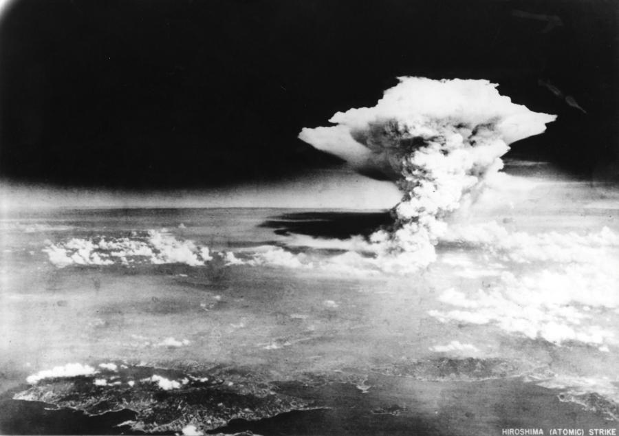 An atomic cloud billows, following the explosion of the first atomic bomb to be used in warfare in Hiroshima, Japan on August 6, 1945. 