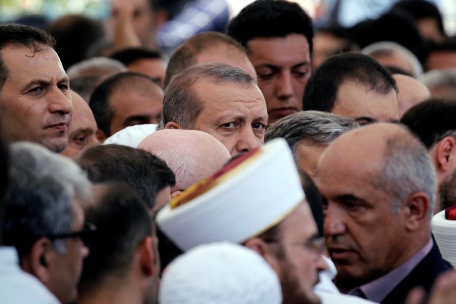 Turkish President Recep Tayyip Erdogan attends a funeral service for victims of the thwarted coup in Istanbul at Fatih Mosque in Istanbul, Turkey, July 17, 2016.