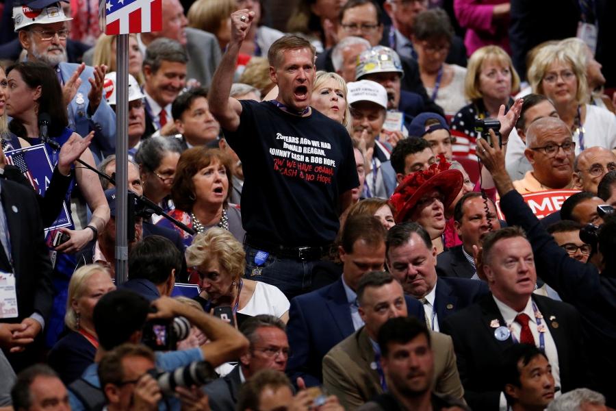 A man shouts during senator Ted Cruz's (R-TX) speech at the Republican National Convention in Cleveland, U.S., July 20, 2016.