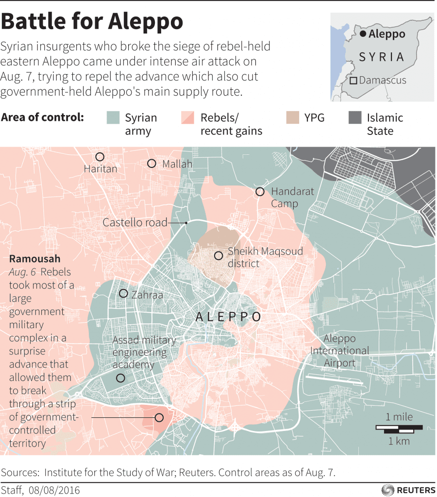  Map of Syria's Aleppo locating recent incidents and control areas.
