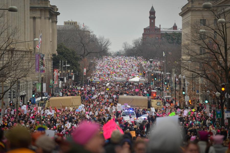 Hundreds of thousands of marchers fill the street during a Women's March