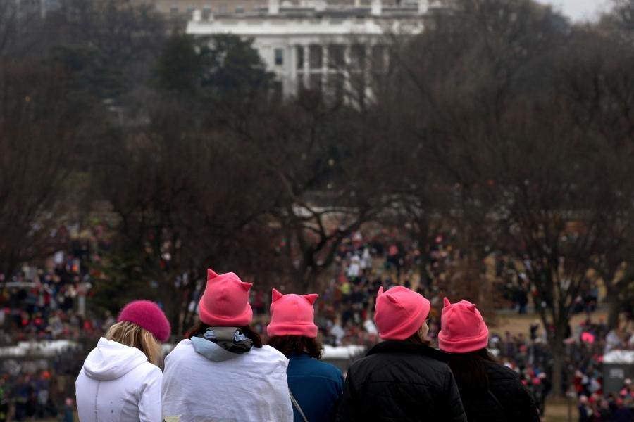 Protesters in pink hats in the Women's March look out towards the White House in Washington, January 21, 2017.