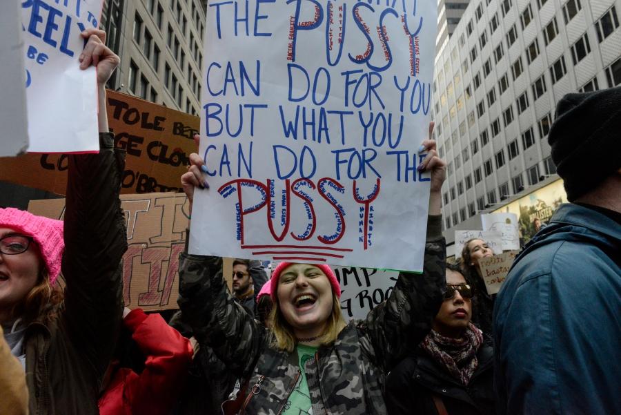 People participate in a Women's March to protest against President Donald Trump in New York City, January 21, 2017.