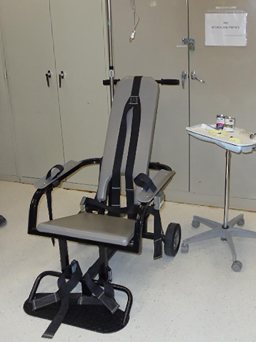 A restraint chair and other equipment of the type used in force-feeding detainees displayed during a media tour of the Guantánamo Bay military prison on April 19.