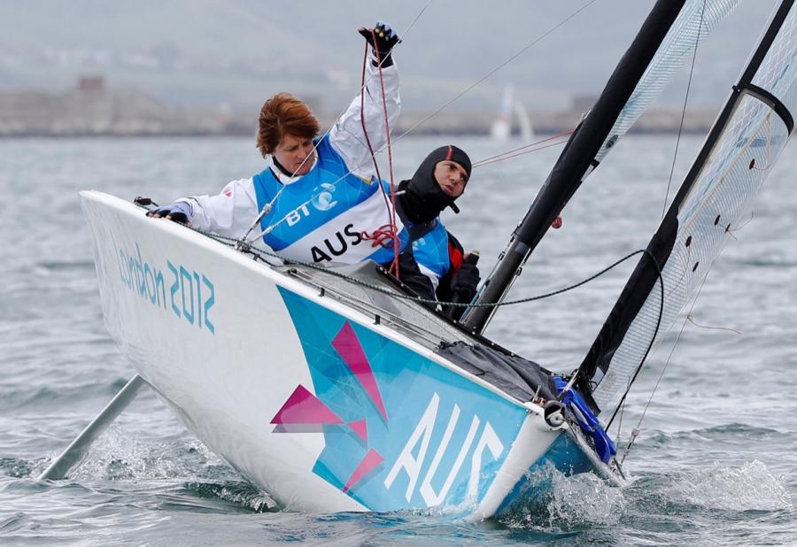 Australia's Liesl Tesch, left, competes in the two-person keelboat sailing competition during the London 2012 Paralympic Games in Weymouth and Portland, southern England on Sept. 2, 2012.