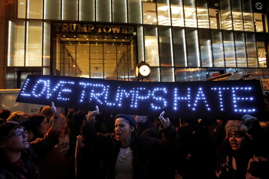 People protest outside Trump Tower following President-elect Donald Trump's election victory in Manhattan.
