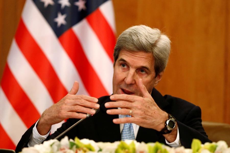 US Secretary of State John Kerry gestures during a news conference in Riyadh
