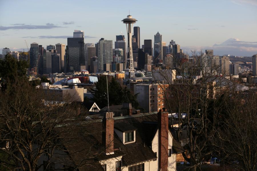 Skyline view of Seattle with home in foreground