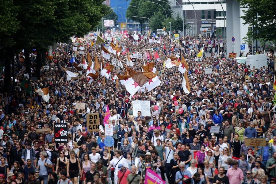People take part in a demonstration during the G-20 summit in Hamburg, Germany, July 8.