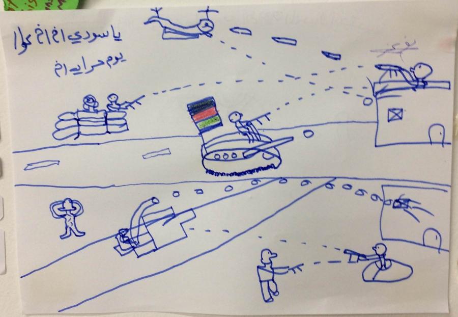 An Afghan child's drawing at a shelter for migrants in Serbia.