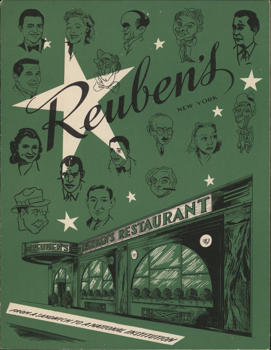 Cover of Reuben's Restaurant and Delicatessen menu with a caricatures of stage and film stars. 