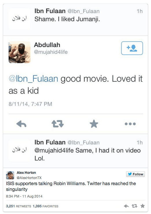 Screenshot of tweets between Alex Horton and Abdullah, an ISIS activist. Aug. 11.