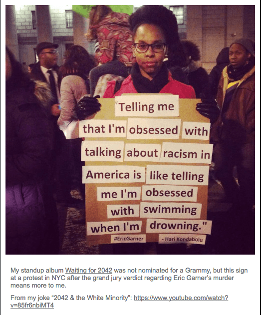 Screenshot of Tumblr entry, with photo of protester and Kondabolu comment