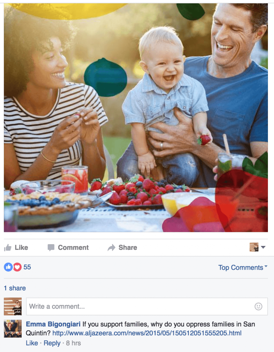 Screenshot of image of family eating berries, with comment below asking about the workers who pick them