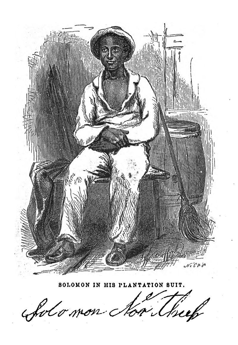 An illustration depicts Solomon Northrup, a free African American man who was kidnapped and sold into slavery in 1841. He sits on a bench wearing a white shirt, white pants, and a brimmed hat.  