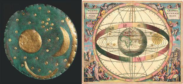 (L) Dating from the period 2000 – 1600 BC, the Nebra Sky Disk is roughly the size of an old vinyl record. Its representation of stars and other lunar objects is the oldest known graphic depiction of celestial figures in human history. (R) A 1660 illustrat
