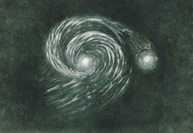 This 1845 print was modeled after William Parsons's drawing of the nebula M51, now called the “Whirlpool Galaxy.” It is about 23 million light-years away and roughly the size of the Milky Way.
