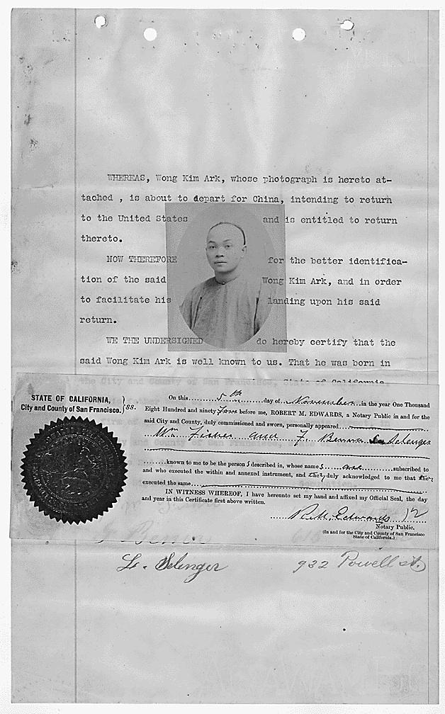 A photo of Wong Kim Ark, an American citizen of Chinese descent, is situated in the middle of a typed document testifying to his ability to travel to and from the US.