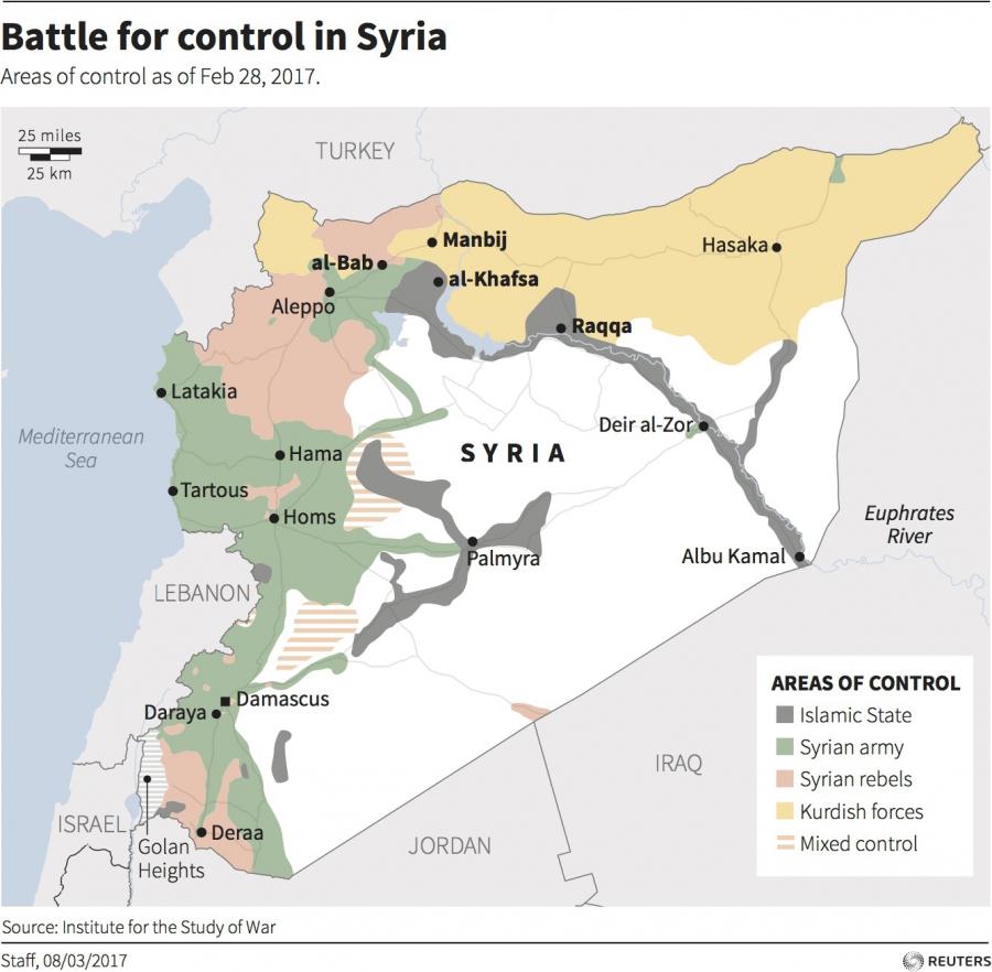 A map showing areas of control in Syria, divided among the Syrian government, Syrian rebels, Kurdish forces and ISIS.