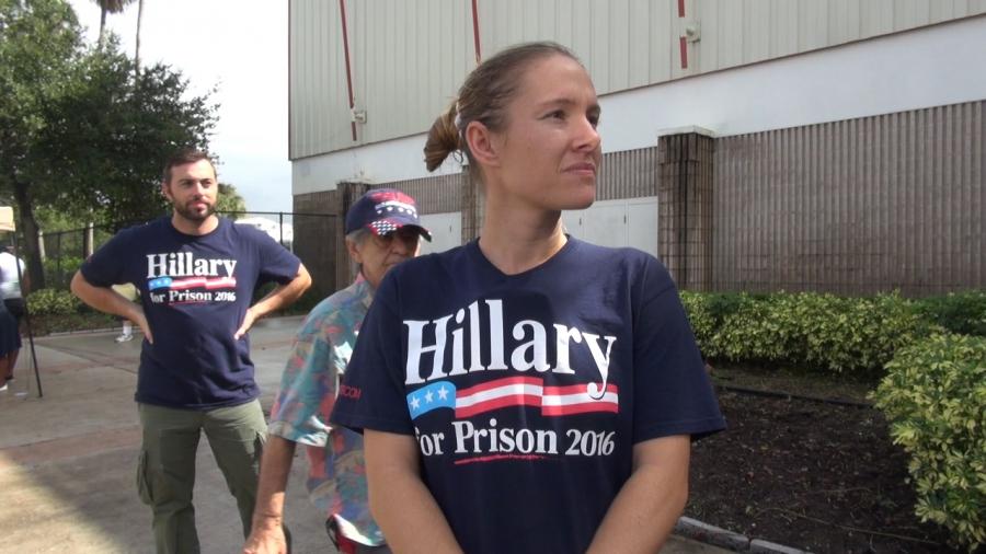Young women wearing "Hillary for Prison 2016" t-shirt