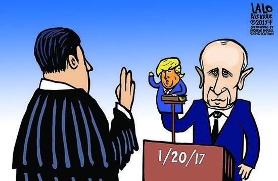 Cartoon of Vladimir Putin being sworn in as US president with a puppet shaped like Donald Trump