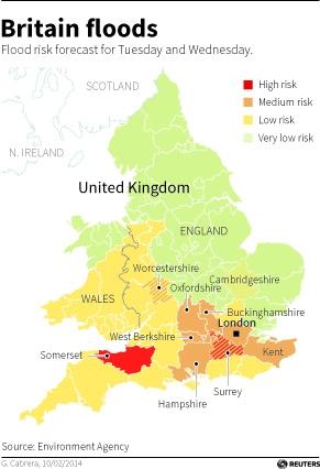 Map of England and Wales showing counties forecast to have risk of flooding in the next two days
