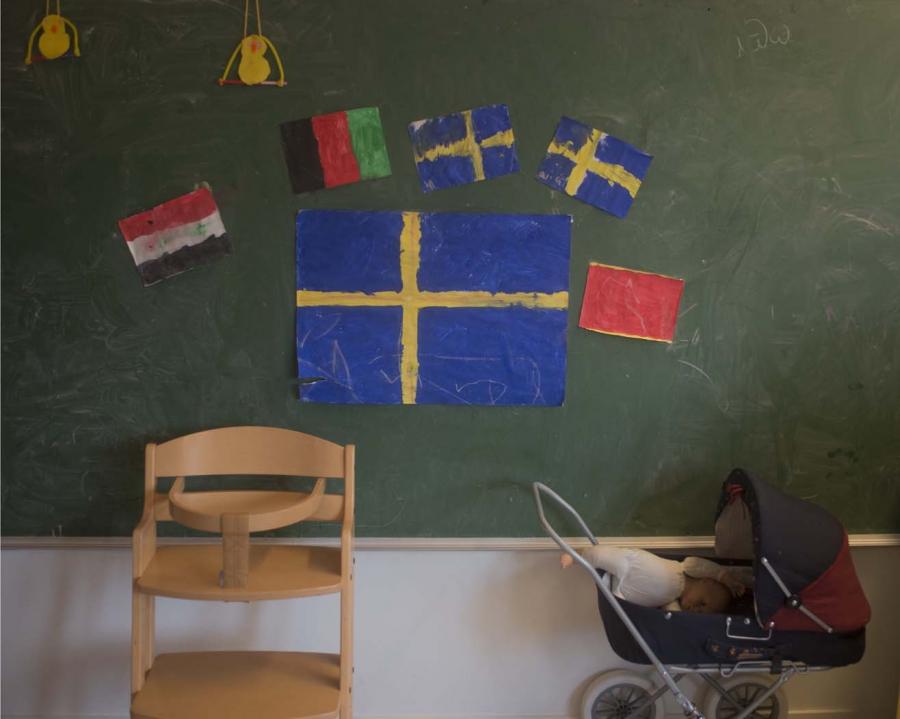 Flags reflecting some of the backgrounds of children at the Vårö cooperative preschool in Utansjö.