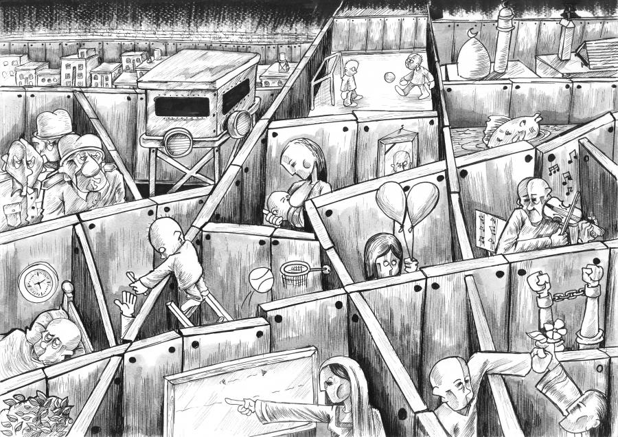 cartoon of crowded life for Palestinians in West Bank