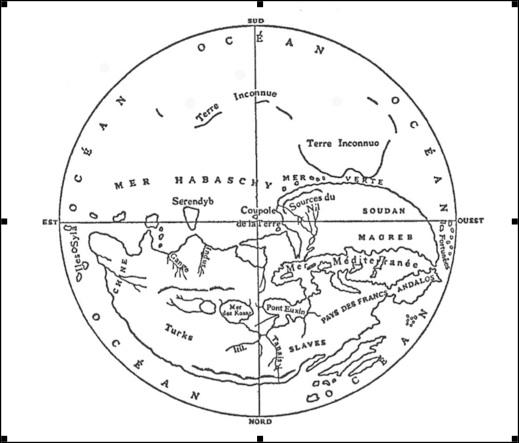 A circular map in black and white lines