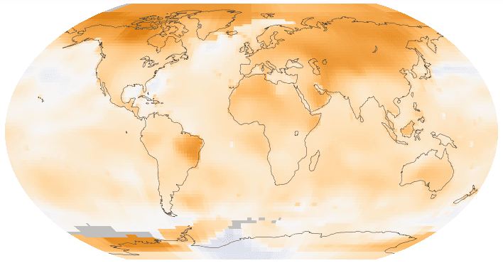 This map of the Earth shows surface temperature trends between 1950 and 2014. 
