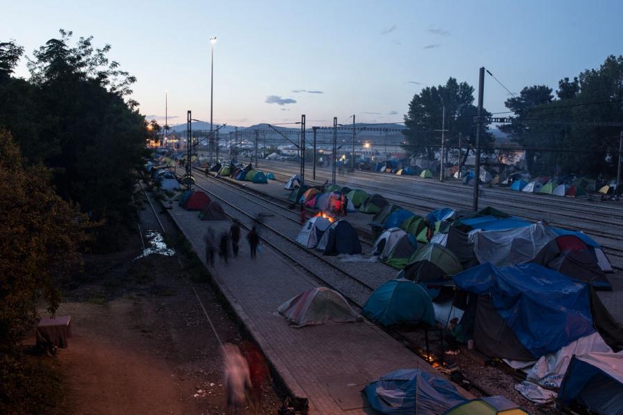 Hundreds of tents pitched along train lines on the Greek side of the Greek Macedonian border at Idomeni, an informal camp and home to about 10,000 refugees and asylum seekers who wish to continue their journeys to Western Europe.