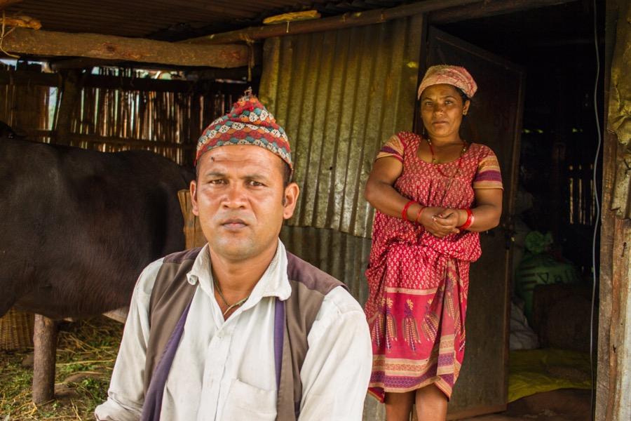 Min Bahadur Pandit has been living in a tin shelter with his wife, two kids, buffalo and goats since Nepal's 2015 earthquake.