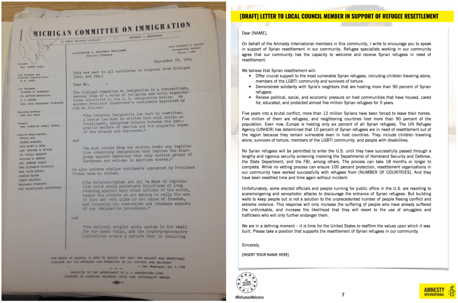 Template letter from Michigan Committee on Immigration on left, digital letter from Amnesty on right