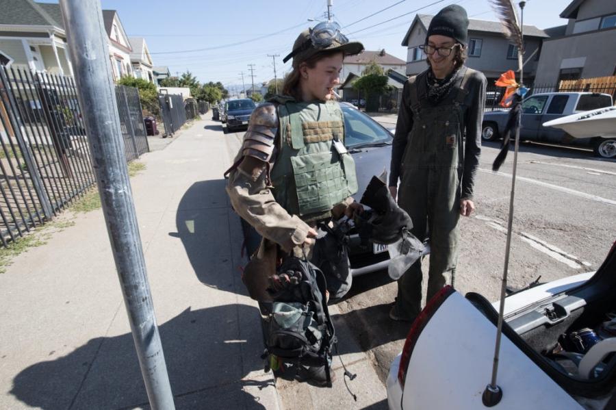 Antifa members Vincent Yochelson, left, and John Cookenboo pack gear for a counterprotest against a right-wing gathering Aug. 26 in San Francisco.