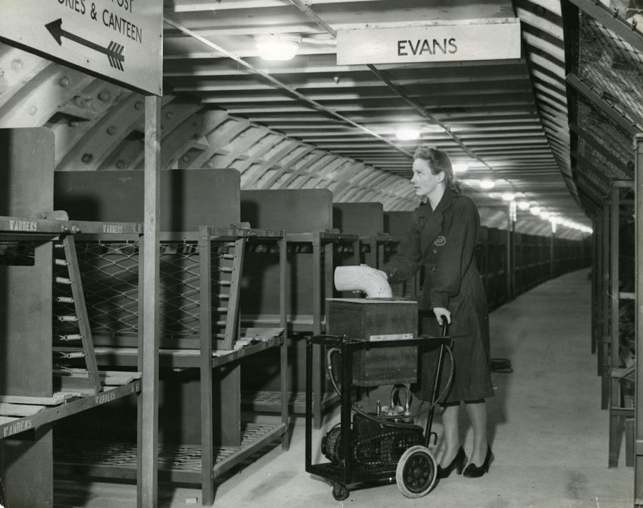An air raid shelter in Clapham South in the 1940s during WWII.
