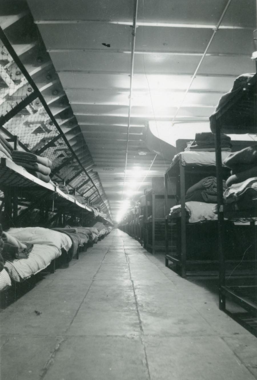 Rows of beds in a WWII air raid shelter in Clapham South.