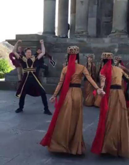 Conan O'Brien doing the traditional Armenian Kochari in front of the Garni Temple, Yerevan.